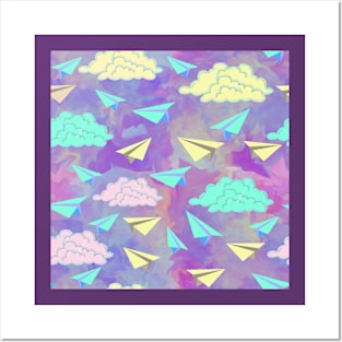 Paper planes colorful clouds design Posters and Art